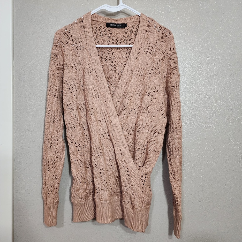 Merokeety Sweater Women's Medium Wrap V Crochet Knit Pullover Khaki Quiet Luxury